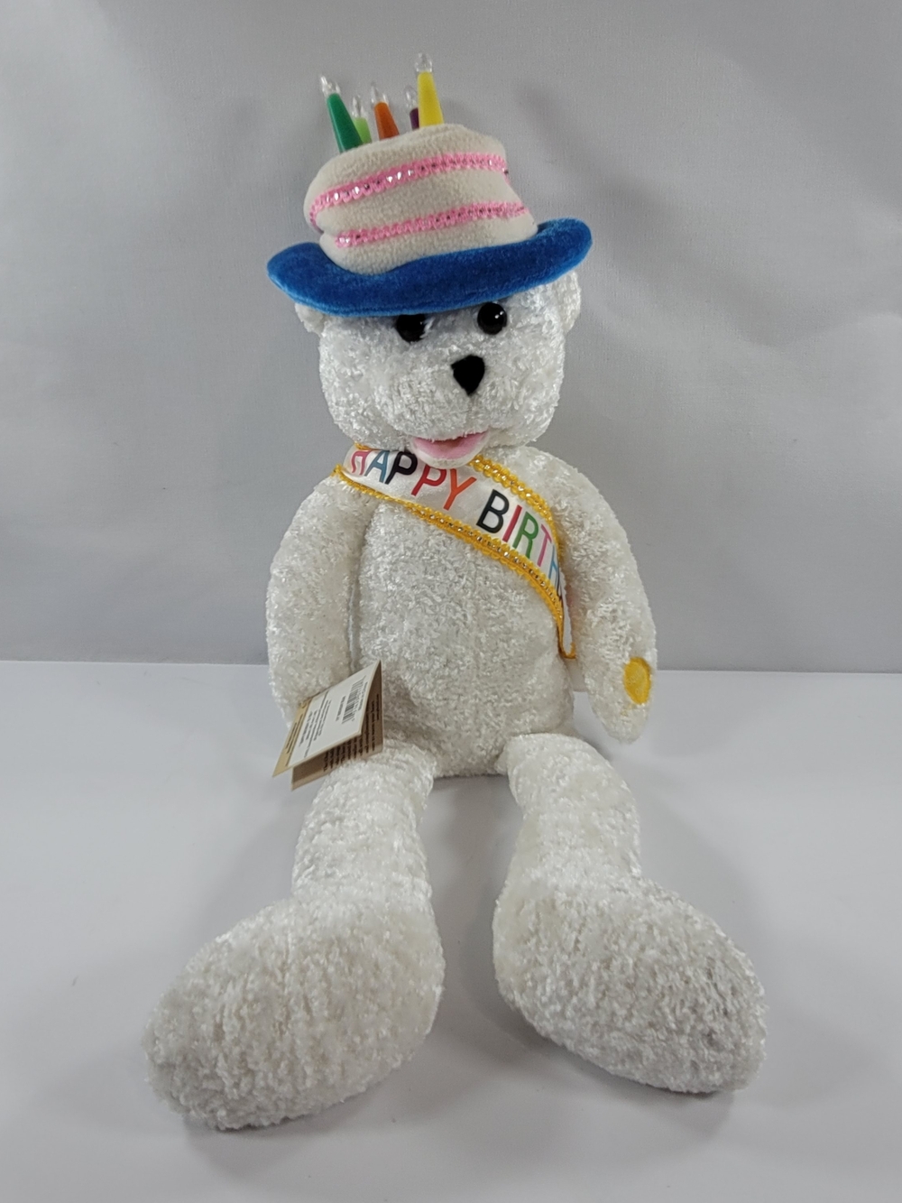 Chantilly Lane 22" Musical Singing Birthday Bear Light Up Cake Hat White Plush